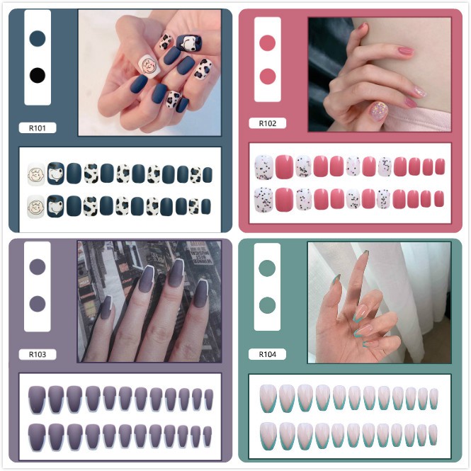 Set 24 móng tay giả màu trơn xinh xắn R089-R108