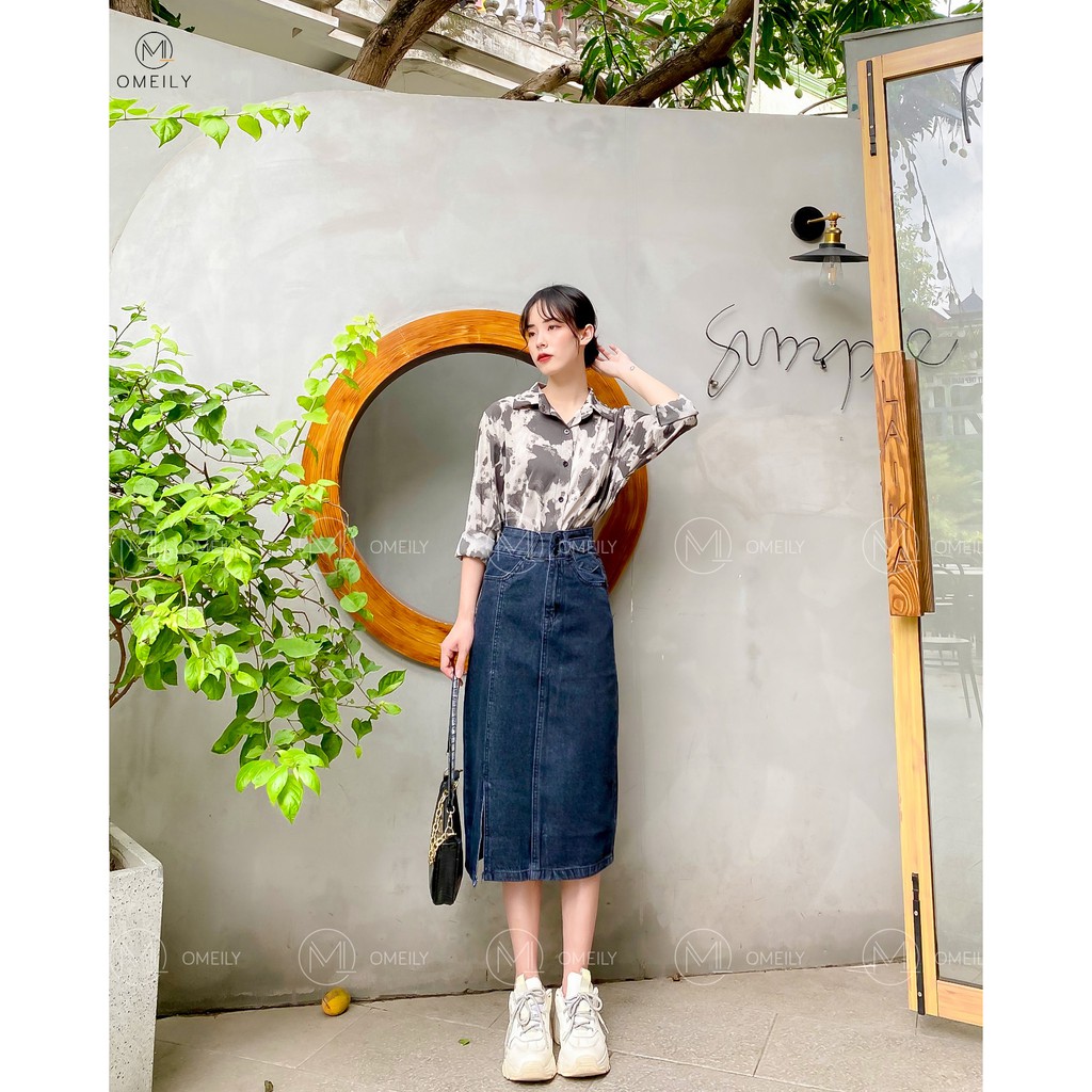 Chân váy suông dài xẻ tà cạp cao đen trơn phong cách Ulzzang Omeily | BigBuy360 - bigbuy360.vn