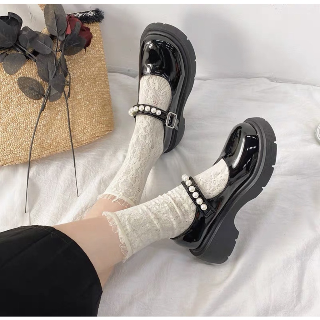 Giày gót dày phối ngọc trai thời trang cho nữ