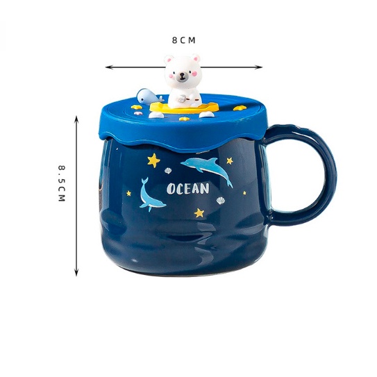 Cốc ly sứ có nắp in 3D Cá Heo Rùa Biển kèm thìa dung tích 450ml dùng để uống nước, pha cà phê, uống trà, quà tặng bạn bè