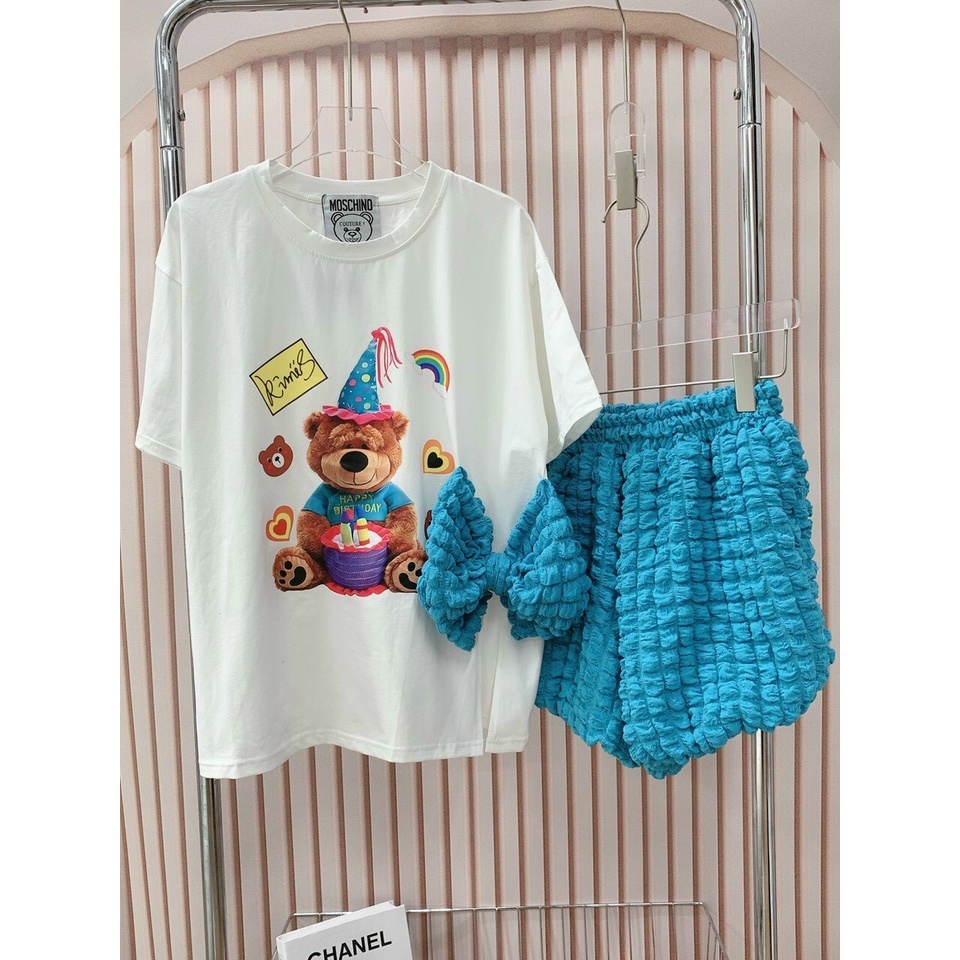 sét bộ đùi quần xốp phối áo thun in gấu xẻ ta nơ hot