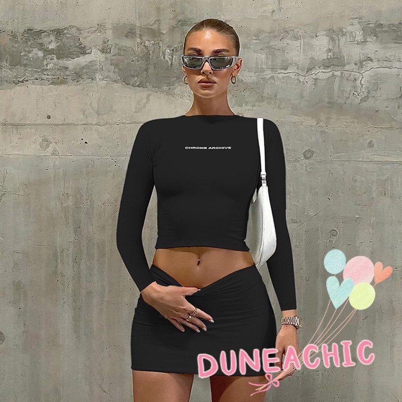 DUNEA Set Áo Thun Lửng Tay Dài In Chữ + Chân Váy Mini 2 Dây Thời Trang Cho Nữ