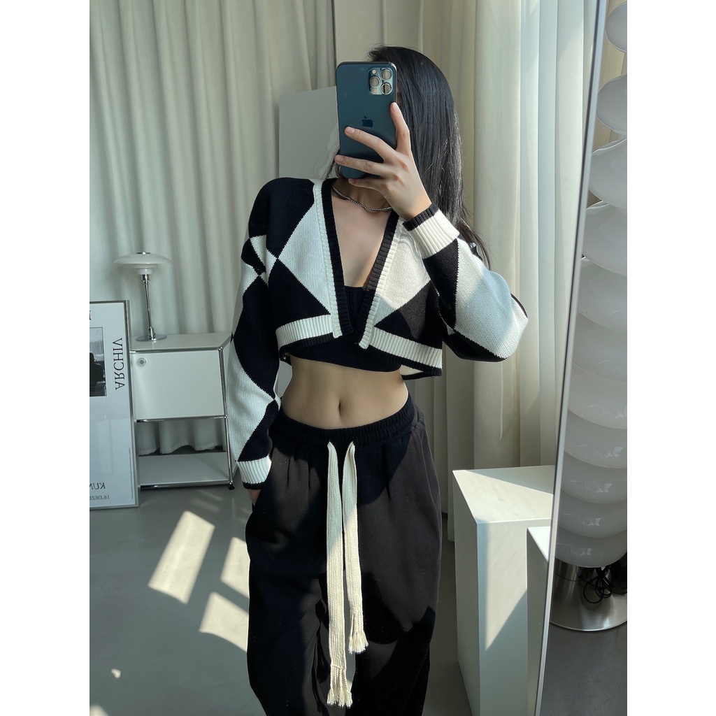 Áo khoác cardigan dệt kim tay dài dáng rộng màu sắc retro