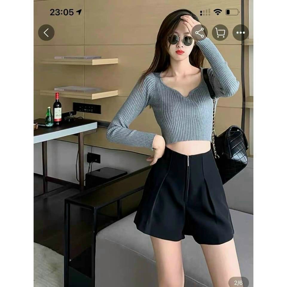 Quần short nữ cạp cao liền gen bụng ôm cá tính có túi khóa - Màu Đen Trắng - Vải tuyết mưa - Mặc đi làm công sở đi học