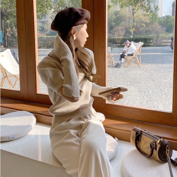 Áo sweater ZHELIHANGFEI dệt kim cổ cao tay phồng thời trang thu đông dành cho nữ