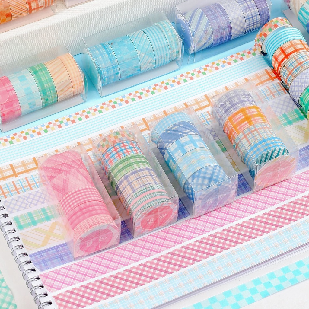 Bộ 5 cuộn washi grid màu pastel dễ thương băng keo dùng trang trí sổ tay | BSW127