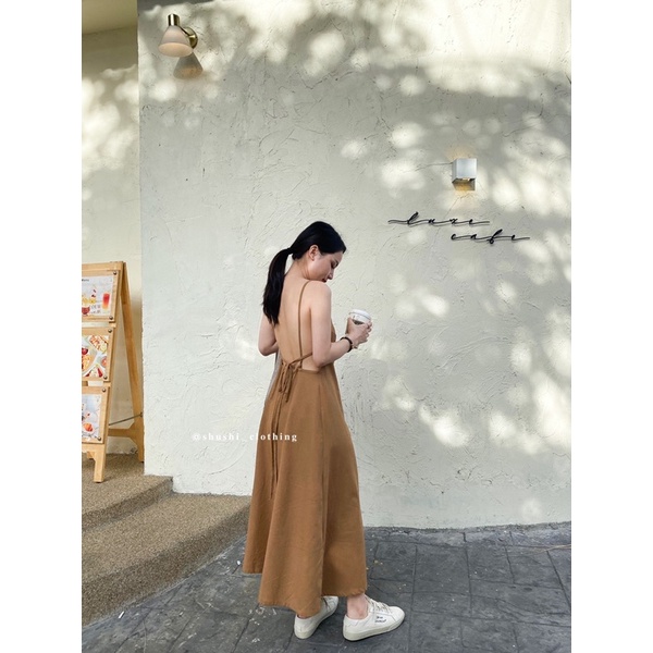SHU SHI - Đầm Dây Linen Hở Lưng Dáng Dài ( ảnh chính chủ)
