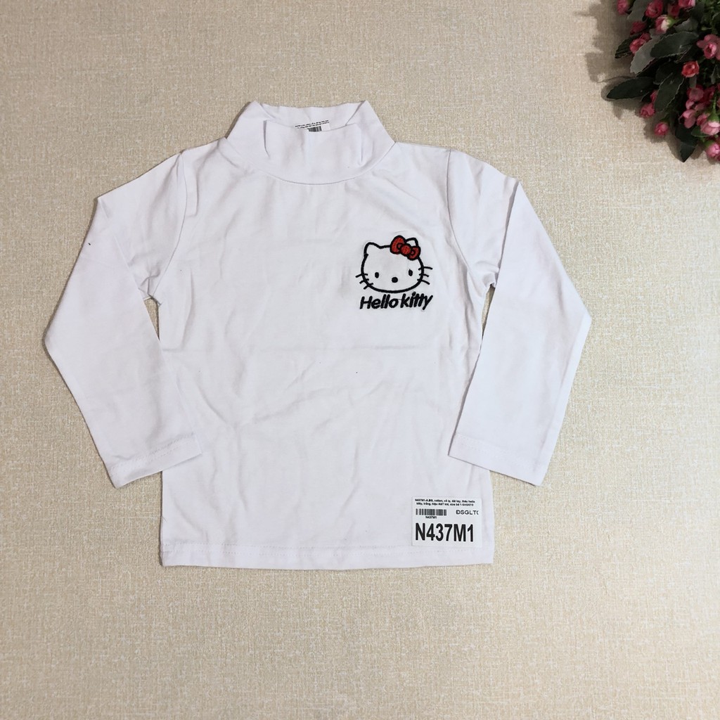 N437M1- Áo cotton bé gái, cổ lọ, dài tay, thêu hello kitty, trắng, Made in Vietnam, size bé 1-5, ri5/t7/3