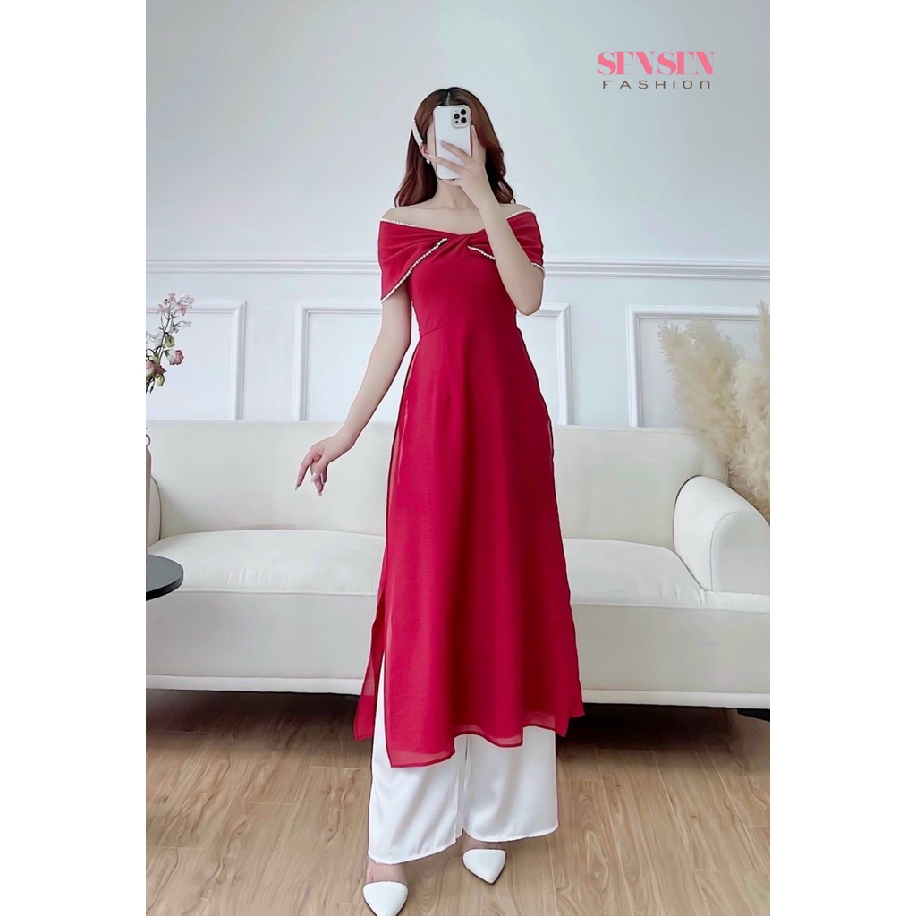 Áo Dài Đỏ Trể Vai Áo Dài Chuẩn Phom Cam kết Chất Lượng