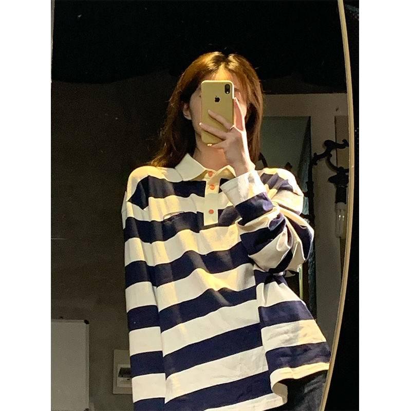 Áo polo tay dài dáng rộng họa tiết kẻ sọc phong cách vintage thời trang xuân thu cho nữ