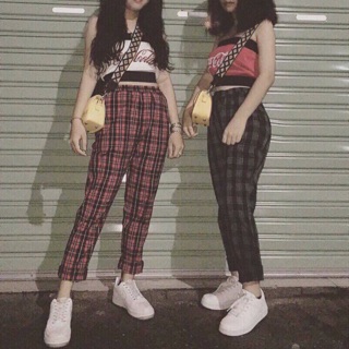 Quần baggy caro lưng thun Quần caro ống đứng lưng thun đỏ xám xanh