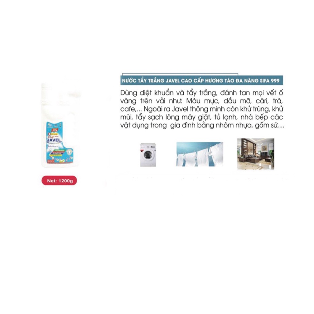 Nước Tẩy Trắng, Tẩy mốc Javel Thông Minh Sifa tẩy trắng quần áo, đồ chất liệu vải, tẩy rửa sàn nhà cao cấp 1200ml