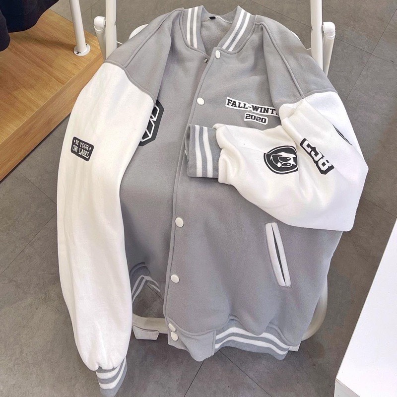 Áo Khoác Bomber Nỉ Chữ CS Form Rộng Unisex Chất Nỉ Ngoại Ulzzang Nam Nữ Dáng Rộng Form To Màu Tàn Phối Trắng