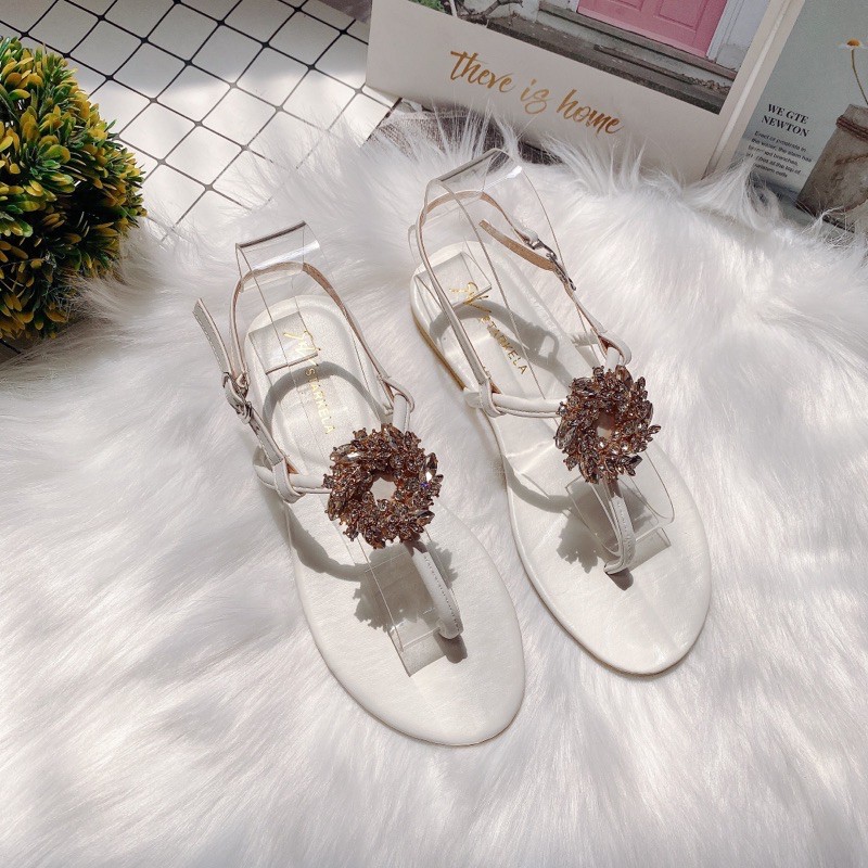 Dép sandal xỏ ngón đi biển đính hoa đá vàng xinh cực ý