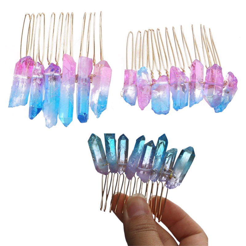 Lược Cài Tóc Mini Đính Đá Thạch Anh Pha Lê Màu Gradient Phong Cách Boho Cho Cô Dâu