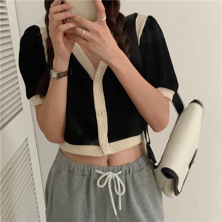 Áo Lửng Ngắn Tay Cổ Tim Phong Cách Hàn Quốc Dành Cho Nữ