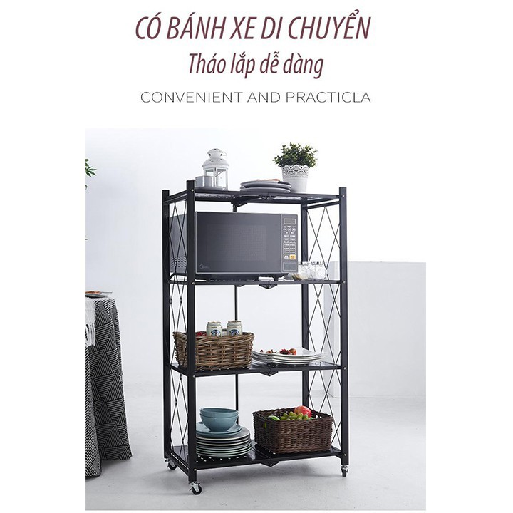 [𝗛𝗢𝗧 𝗦𝗔𝗟𝗘] Kệ Để Đồ Nhà Bếp Xếp Gọn Gấp Gọn Đa Năng Để Lò Vi Sóng Để sách kệ trang trí Có Bánh Xe Di Động 3/4/5 tầng