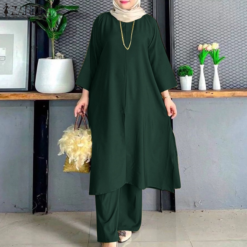 Bộ đồ Hồi Giáo ZANZEA dáng rộng cổ tròn tay dài xẻ tà màu trơn thời trang cho nữ