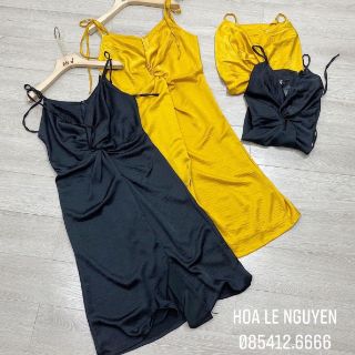 Váy lụa 2s xoắn bụng 2 màu đen vàng