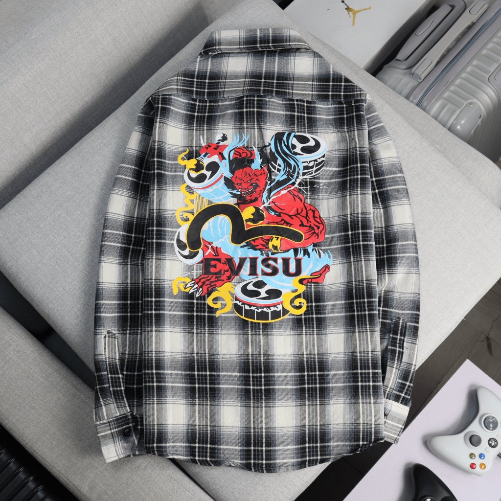 Áo Sơ Mi Nam Ca ro Dài Tay Evisu Chất Kate Mịn Mát Thiết Kế Trẻ Trung Có Túi Ngực In Hình Độc Đáo Hot Trend Jellyfashion