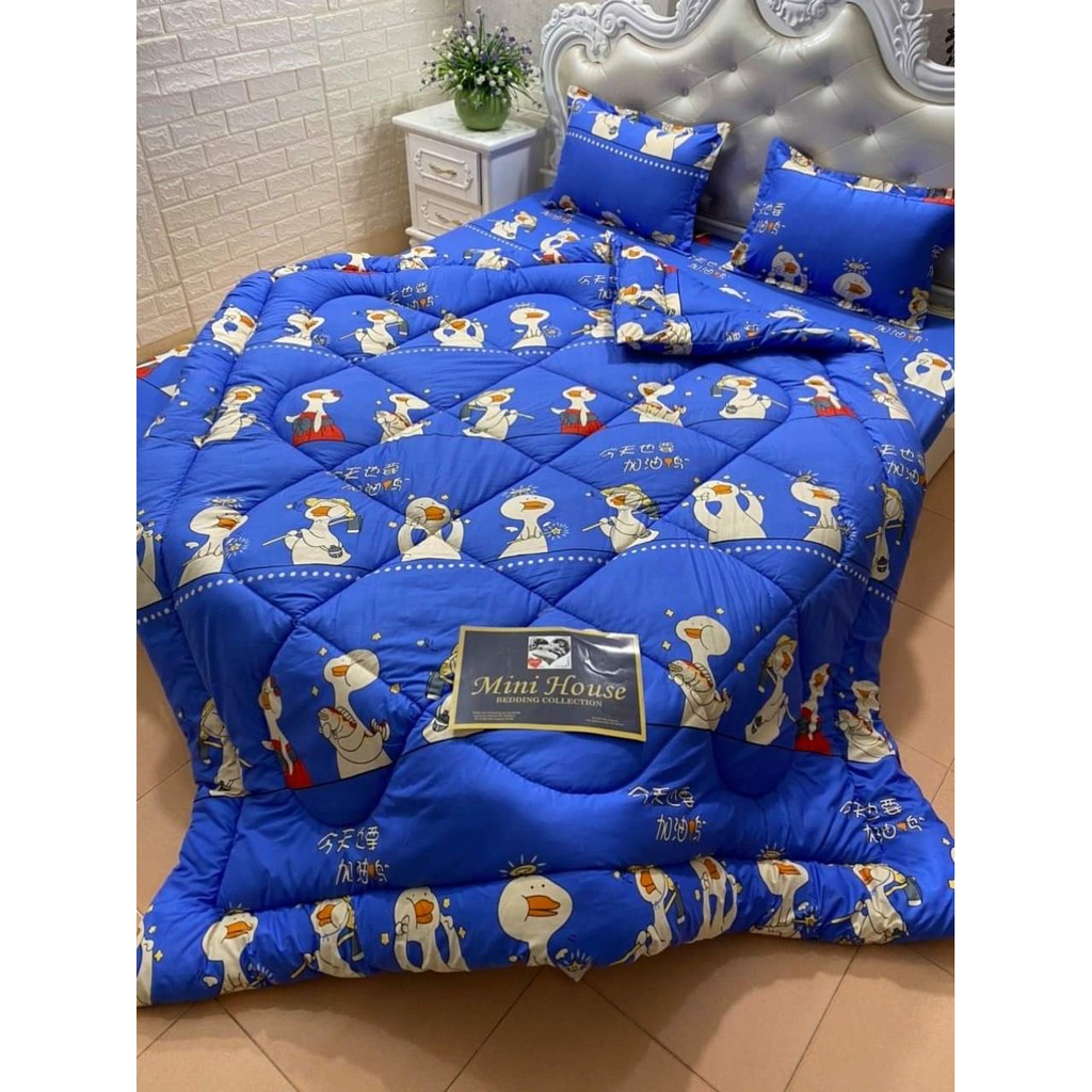Bộ chăn phao ga gối cotton poly-vịt hồng