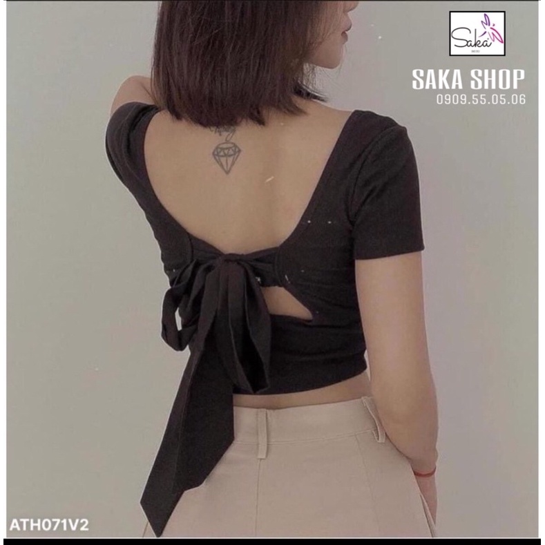 Áo thun nữ croptop tay ngắn buộc dây lưng 2 màu trắng đen