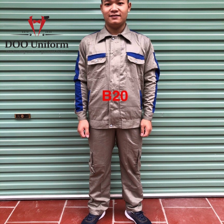 [DOO SAFETY] Bộ đồ bảo hộ lao động, Ghi đậm phối xanh - B20