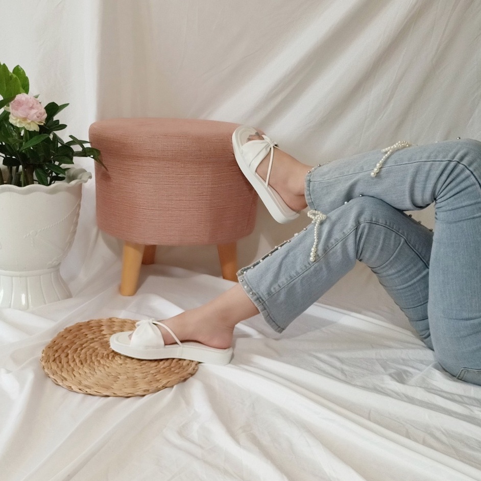 Dép nữ đế bánh mì nơ phồng màu trắng phong cách tiểu thư sành điệu hình thật-BMN