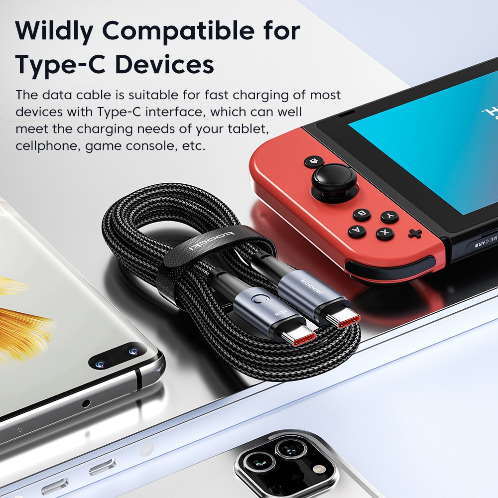 Cáp sạc nhanh TOOCKI 100W PD Type C sang Type C 66W 6A USB-C Type-C có đèn LED chuyên dụng