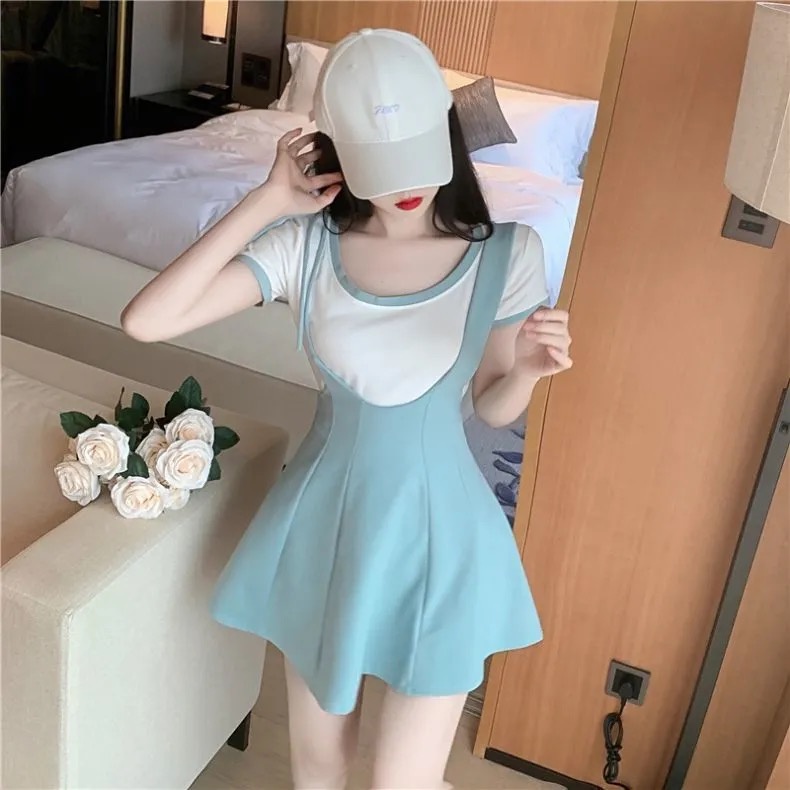 Xả Kho :  váy xếp ly yếm phôi áo trắng bộ đi chơi học sinh Đầm ôm siêu tôn dáng cotton mát đẹp mới V039