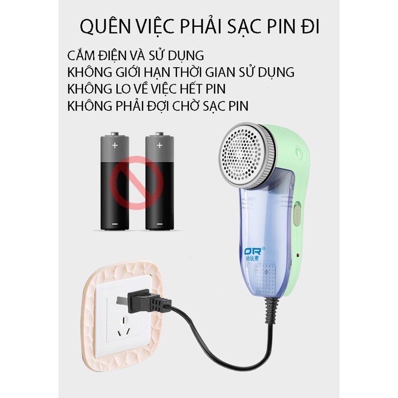 Máy cắt lông xù quần áo dùng cắm điện không lo sạc pin OR 8852 chính hãng, cao cấp tặng kèm 6 lưỡi cắt