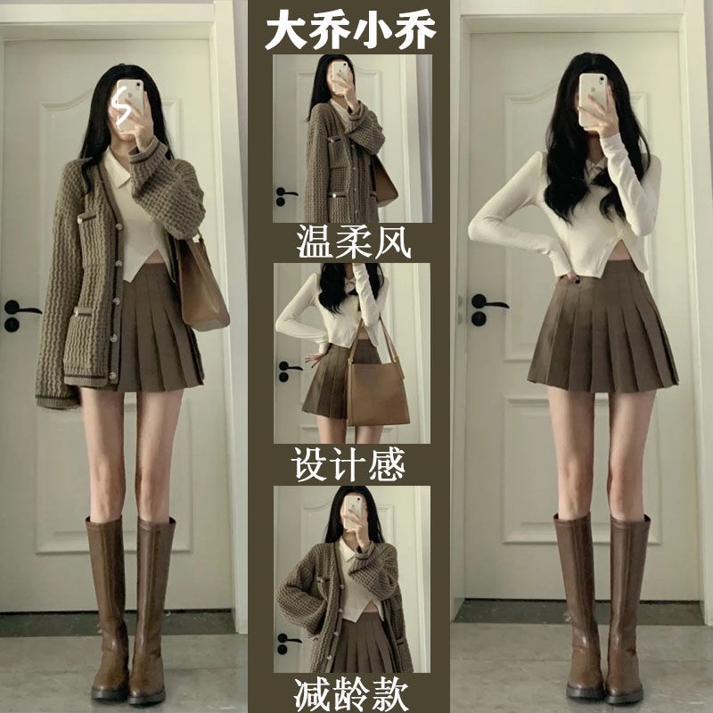 Set áo khoác cardigan và chân váy xếp ly lưng cao phong cách vintage Hàn Quốc mới cho nữ