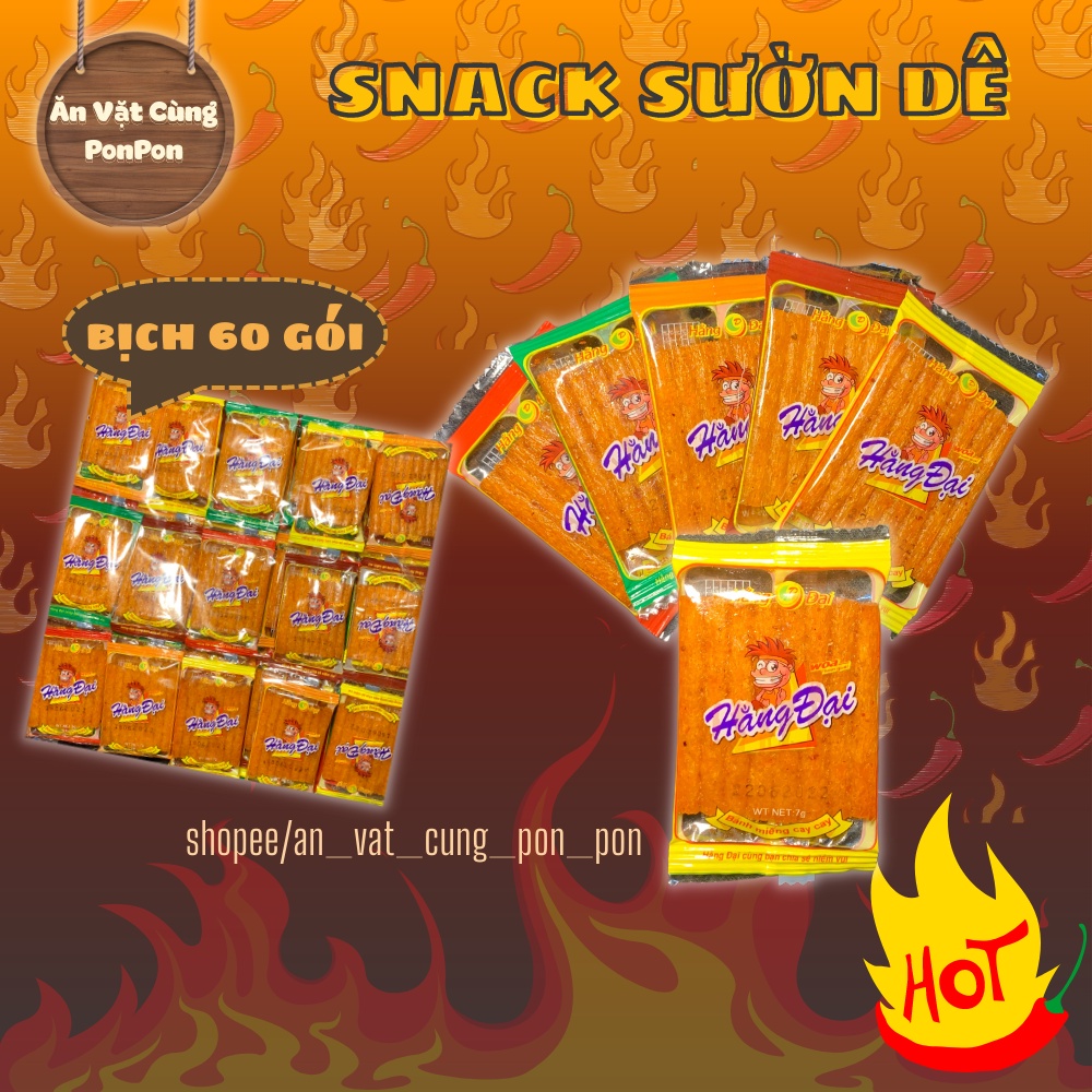 Bịch 60 Gói Sườn Dê Hằng Đại, Snack Sườn Xé Cay Cay, Đồ ăn vặt tuổi thơ