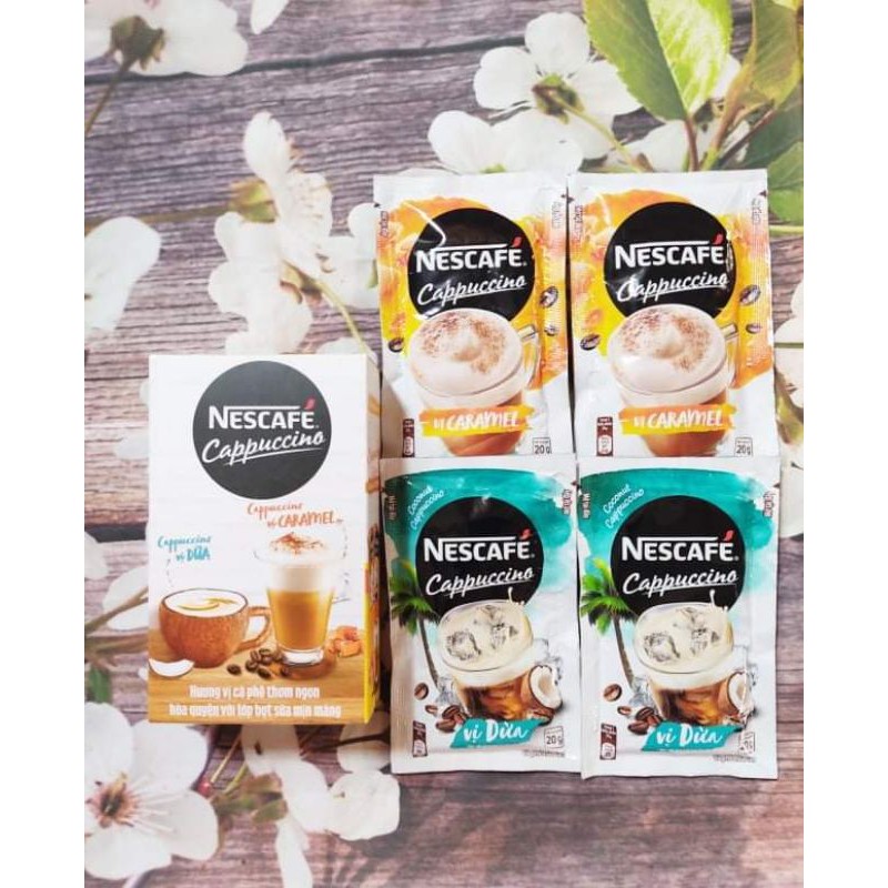 Combo 1 hộp NESCAFÉ: Cà Phê SôCôLa (1gói×20g) + Cappuccino Vị Caramel & Vị Dừa (1 góix20g)x2 .