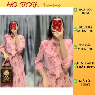 Đầm maxi đi biển voan hoa tay dài, váy maxi tiểu thư voan hoa cổ thắt nơ kèm hình thật - Maxi HQ store