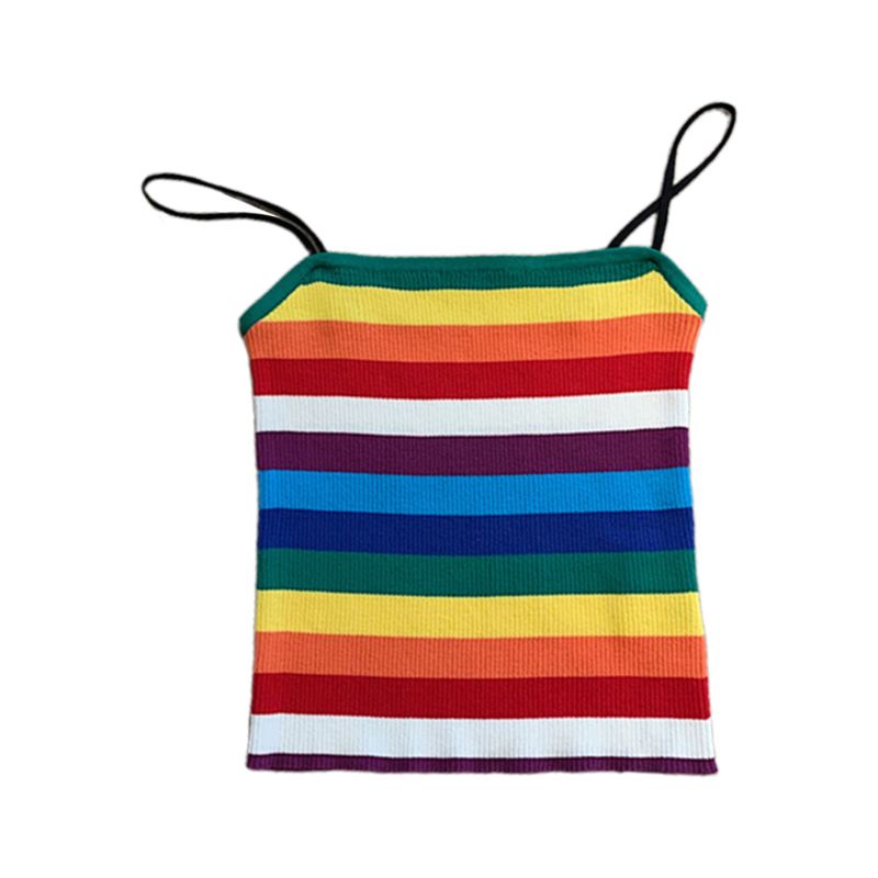 Mary Áo Tank Top Hai Dây Dệt Kim Kẻ Sọc Màu Khối Cầu Vồng Mùa Hè Cho Nữ