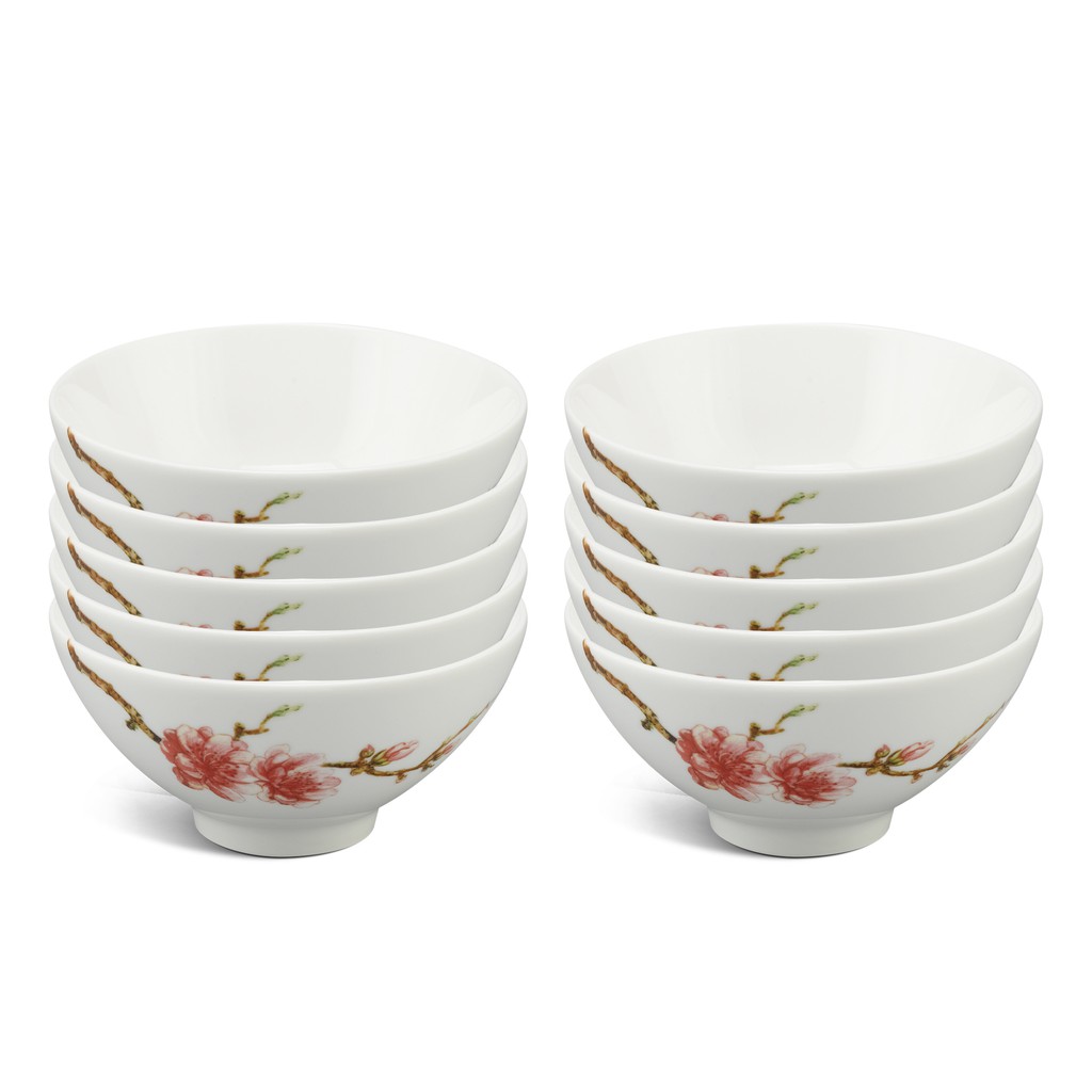 Bộ 10 Chén Ăn Cơm Cao Cấp Sứ Minh Long Daisy Sắc Xuân - Hoa Đào - dùng gia đình, đãi khách tặng quà tết