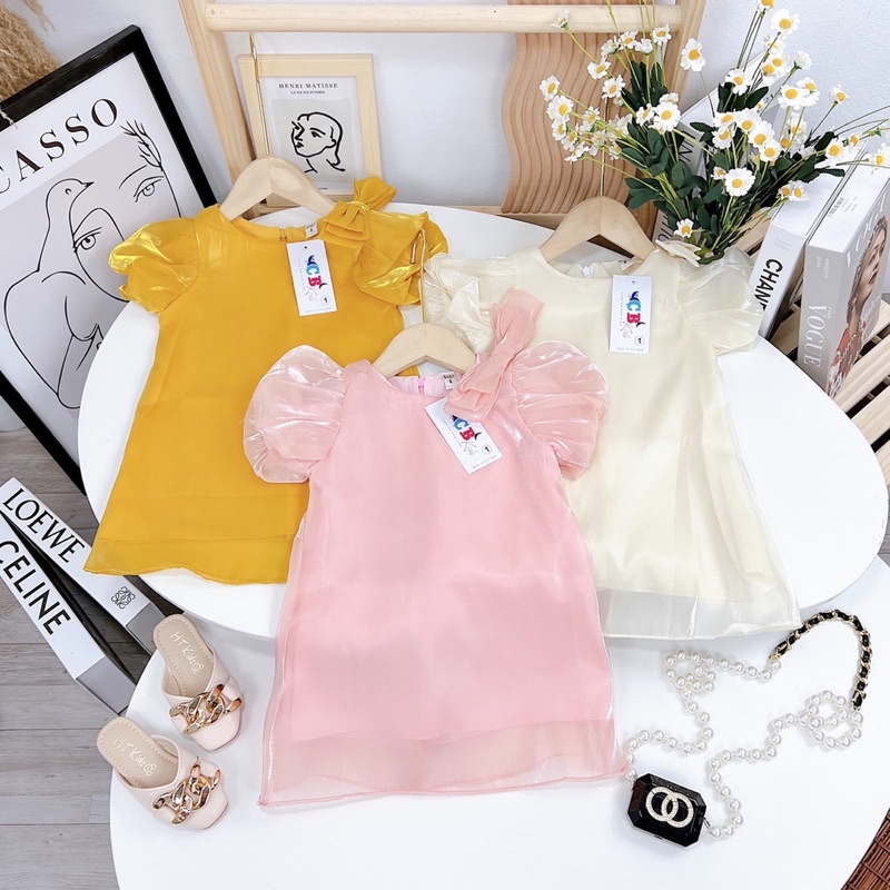 Váy tơ 2 lớp nơ vai + turban cho bé gái