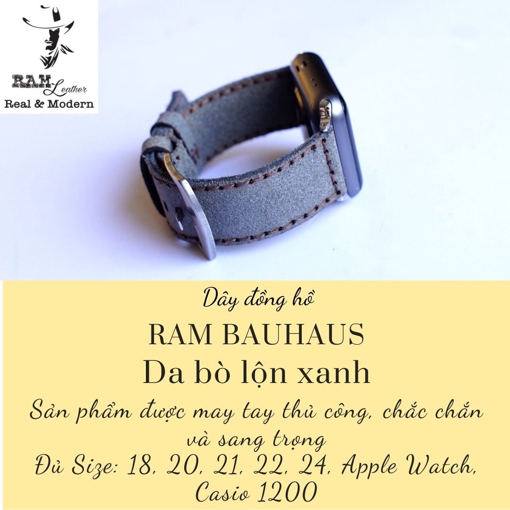 Dây apple watch da bò lộn xám bền chắc chính hãng RAM Leather Bauhaus Design