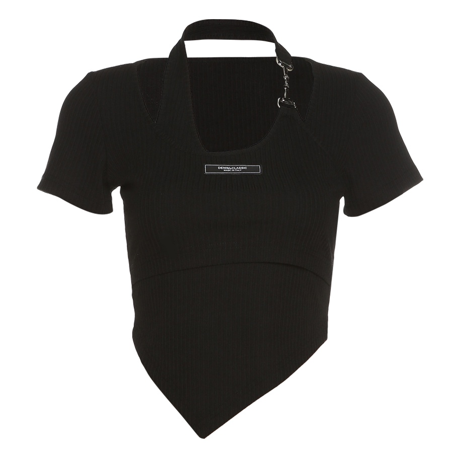 Áo thun crop top Kliou tay ngắn cổ yếm lệch màu trơn thời trang mùa hè dành cho nữ 2022