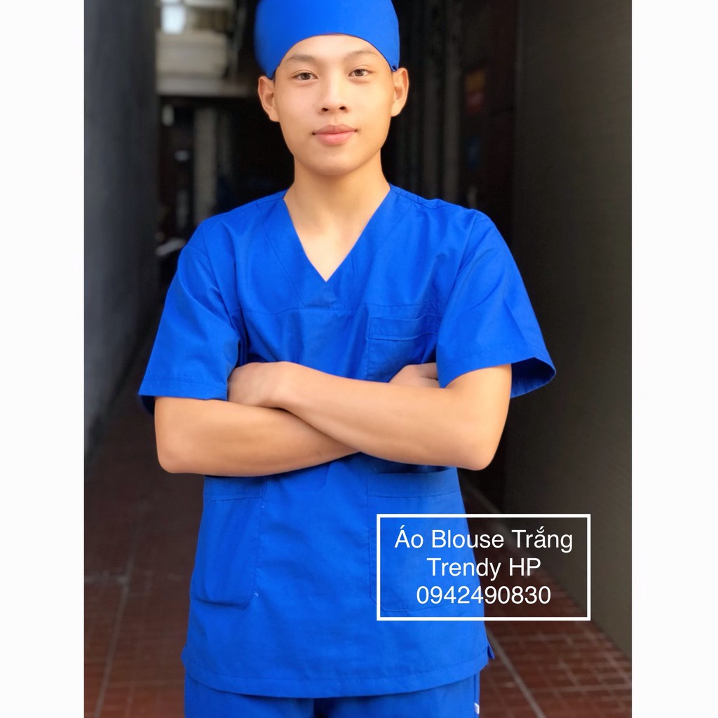 Bộ quần áo đồng phục cổ tim nam nữ cao cấp màu Xanh Cô Ban - bộ scrubs quần áo bác sĩ bệnh viện, đồng phục thẩm mỹ viện