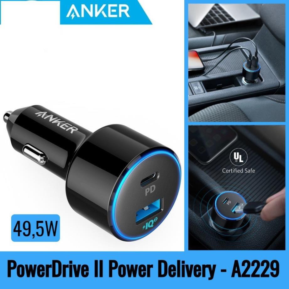 Tẩu Sạc Xe Hơi 2 Cổng Anker PowerDrive+ Speed 49.5W Tích Hợp Cổng USB Type-C / Power IQ 2.0 Power Delivery PD - A2229