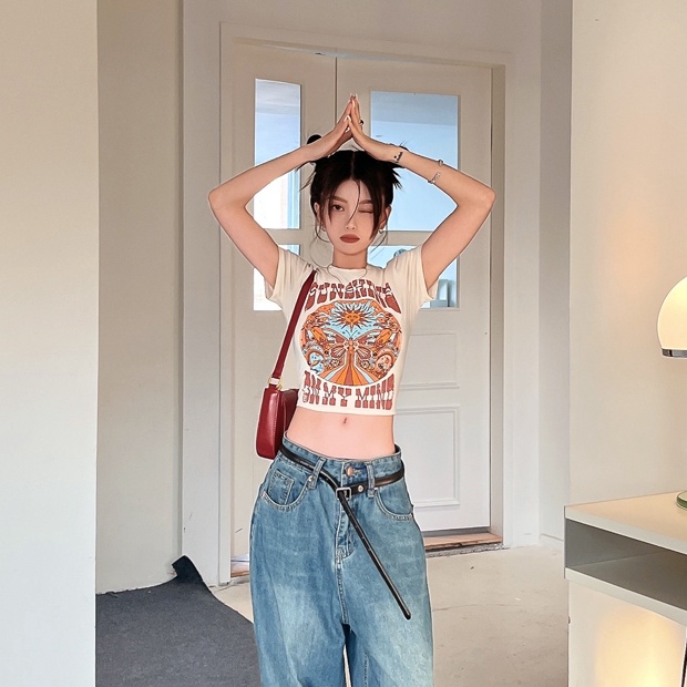 Áo thun croptop SUXI tay ngắn ôm dáng in họa tiết phong cách cổ điển thời trang mùa hè