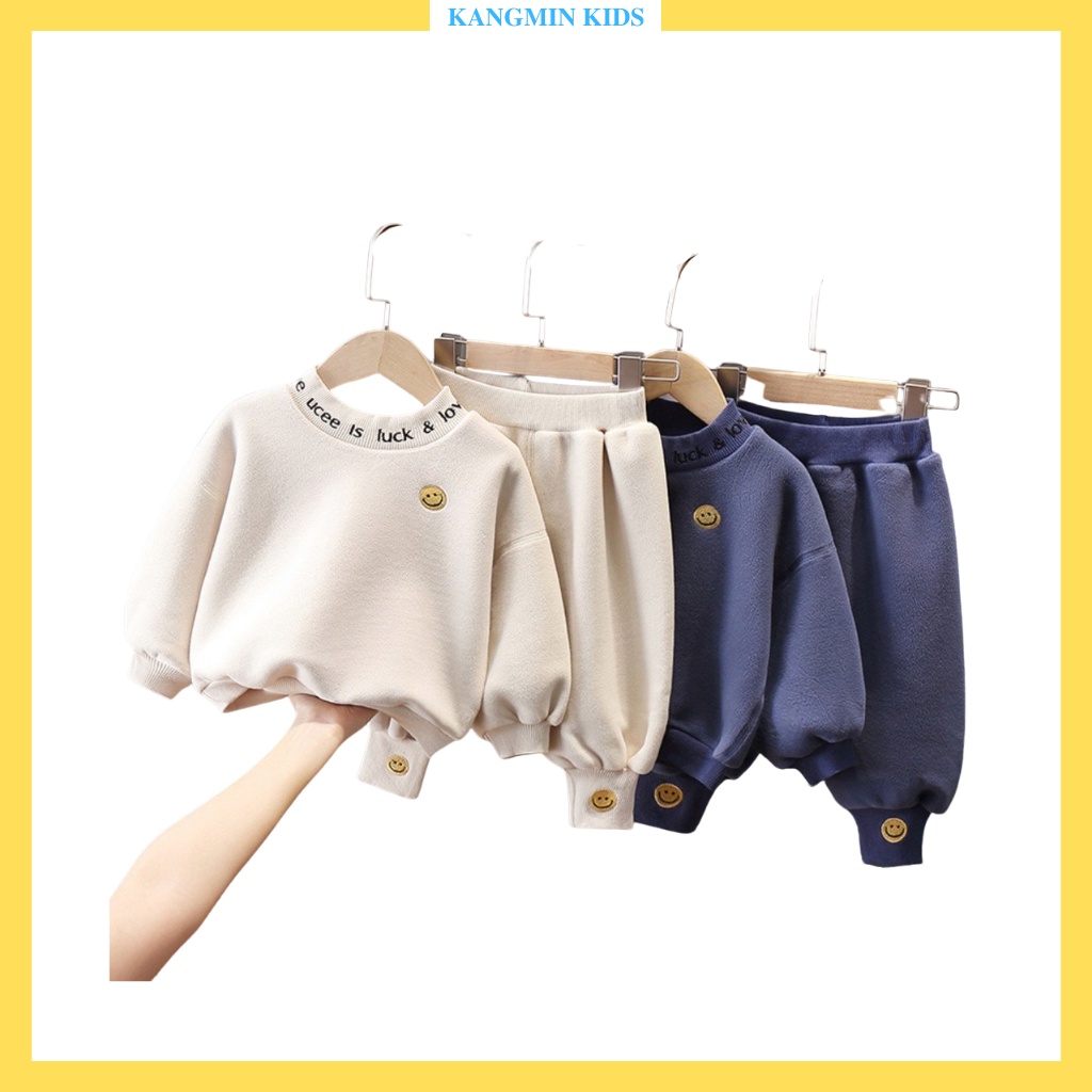 Bộ ni bông cho bé KANGMIN KIDS, bộ nỉ bé trai bé gái cổ chui mặt cười cho bé từ 6kg - 27kg Mã MC001