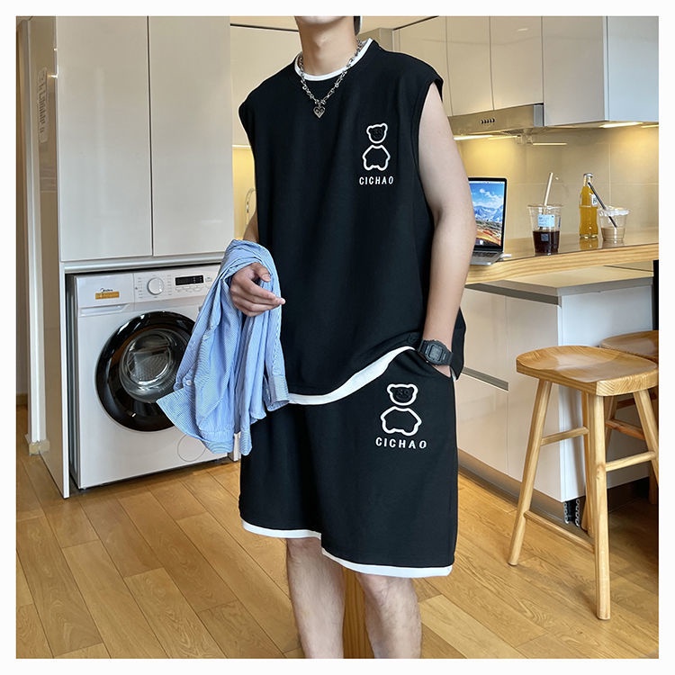 Set Đồ Thể Thao Áo Ba Lỗ Phối Quần Short Dáng Rộng Màu Xanh Lá Thời Trang Mùa Hè Cho Nam