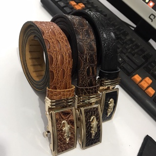 Dây Nịt Nam Da Bò Nguyên Miếng 1 Lớp Dập Vân Cá Sấu Mặt Khóa Tăng Tự Động Màu Gold