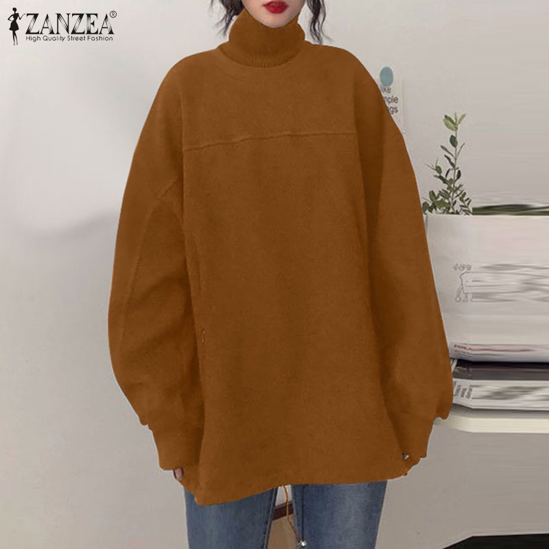 Áo sweater ZANZEA cổ cao tay màu dáng rộng màu trơn phối túi bên hông thời trang cho nữ