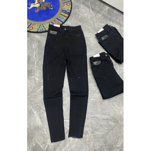 Quần jeans mác da đen rách đùi siêu co giãn ôm chân tôn dáng