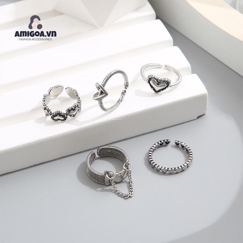 ✨✨Bộ 5 Nhẫn Hở Họa Tiết Trái Tim Đơn Giản Sáng Tạo Phong Cách Cổ Điển