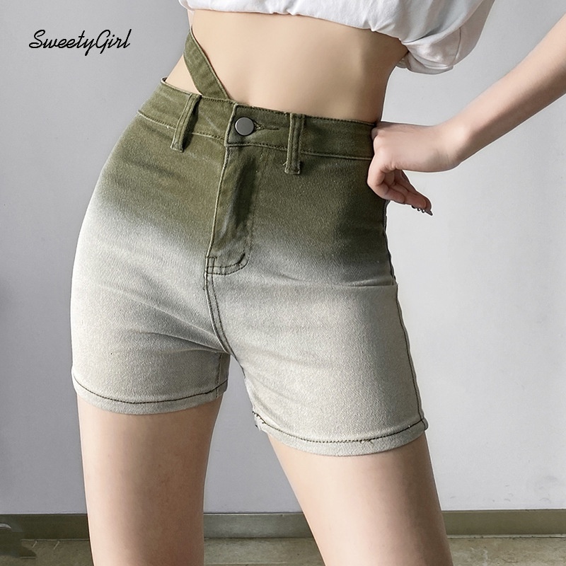Quần Short Jean Lưng Cao Màu Gradient Thời Trang Đường Phố Cho Nữ 2022